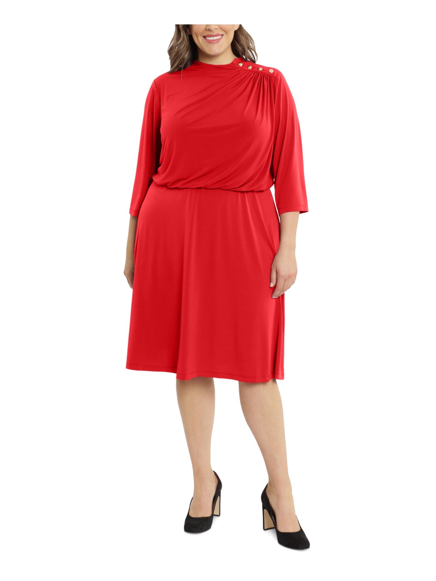 LONDON TIMES WOMAN Womens Red Zippered Gathered Button Shoulder Elastic Waist 3/4 Sleeve Crew Neck Midi Wear To Work Blouson Dress Plus 16W