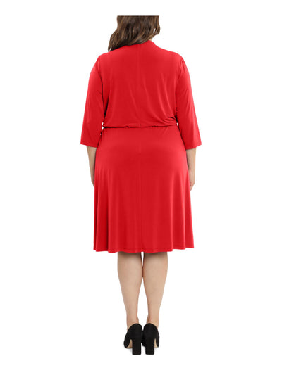 LONDON TIMES WOMAN Womens Red Zippered Gathered Button Shoulder Elastic Waist 3/4 Sleeve Crew Neck Midi Wear To Work Blouson Dress Plus 16W