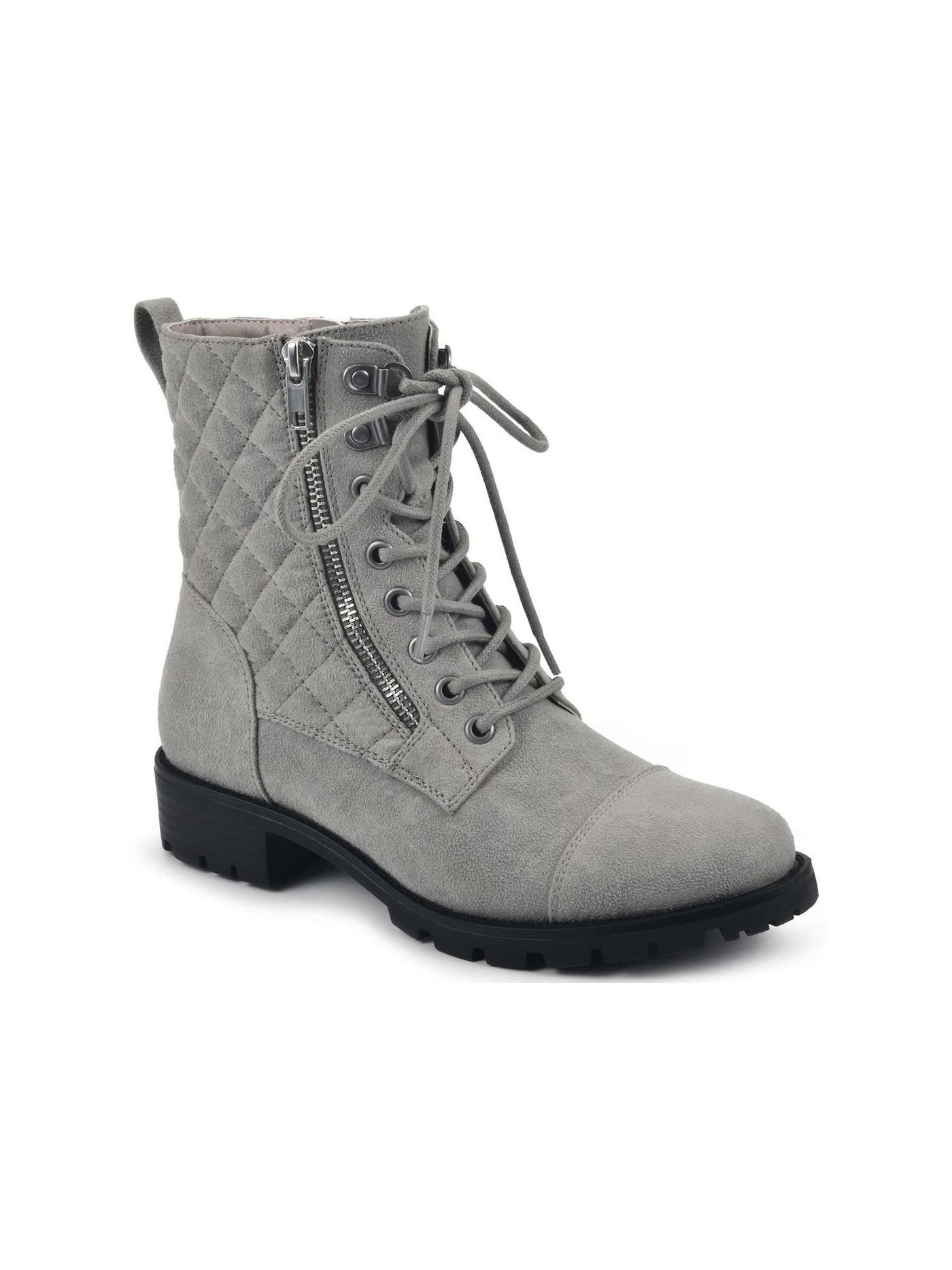 WHITE MOUNTAIN Womens Gray Lace Up Zipper Accent Water Resistant Cushioned Quilted Lug Sole Dashing Cap Toe Block Heel Zip-Up Combat Boots 10 M