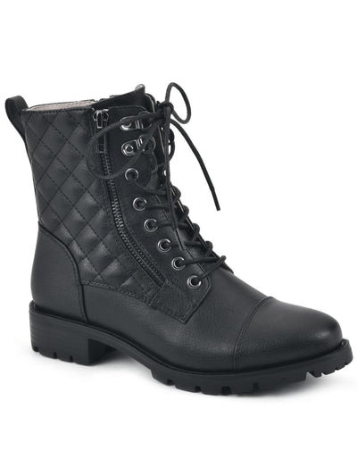 WHITE MOUNTAIN Womens Black Lace Up Zipper Accent Water Resistant Cushioned Quilted Lug Sole Dashing Cap Toe Block Heel Zip-Up Combat Boots 10 M