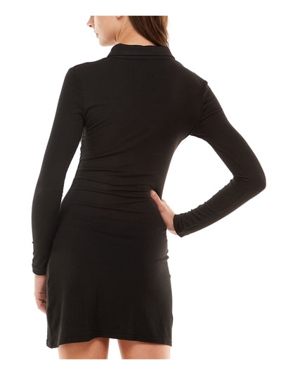 ULTRA FLIRT Womens Black Stretch Ruched Button-down Long Sleeve Collared Short Shirt Dress Juniors M