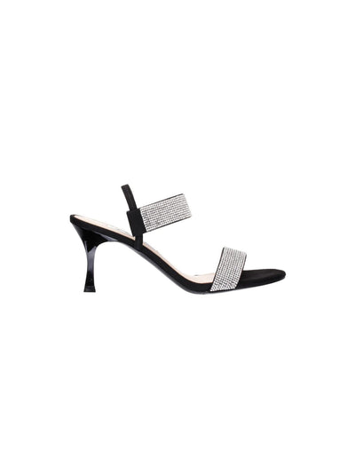 NINA Womens Black Elastic Strap Rhinestone Padded Luz Almond Toe Flare Slip On Dress Slingback Sandal 6 M