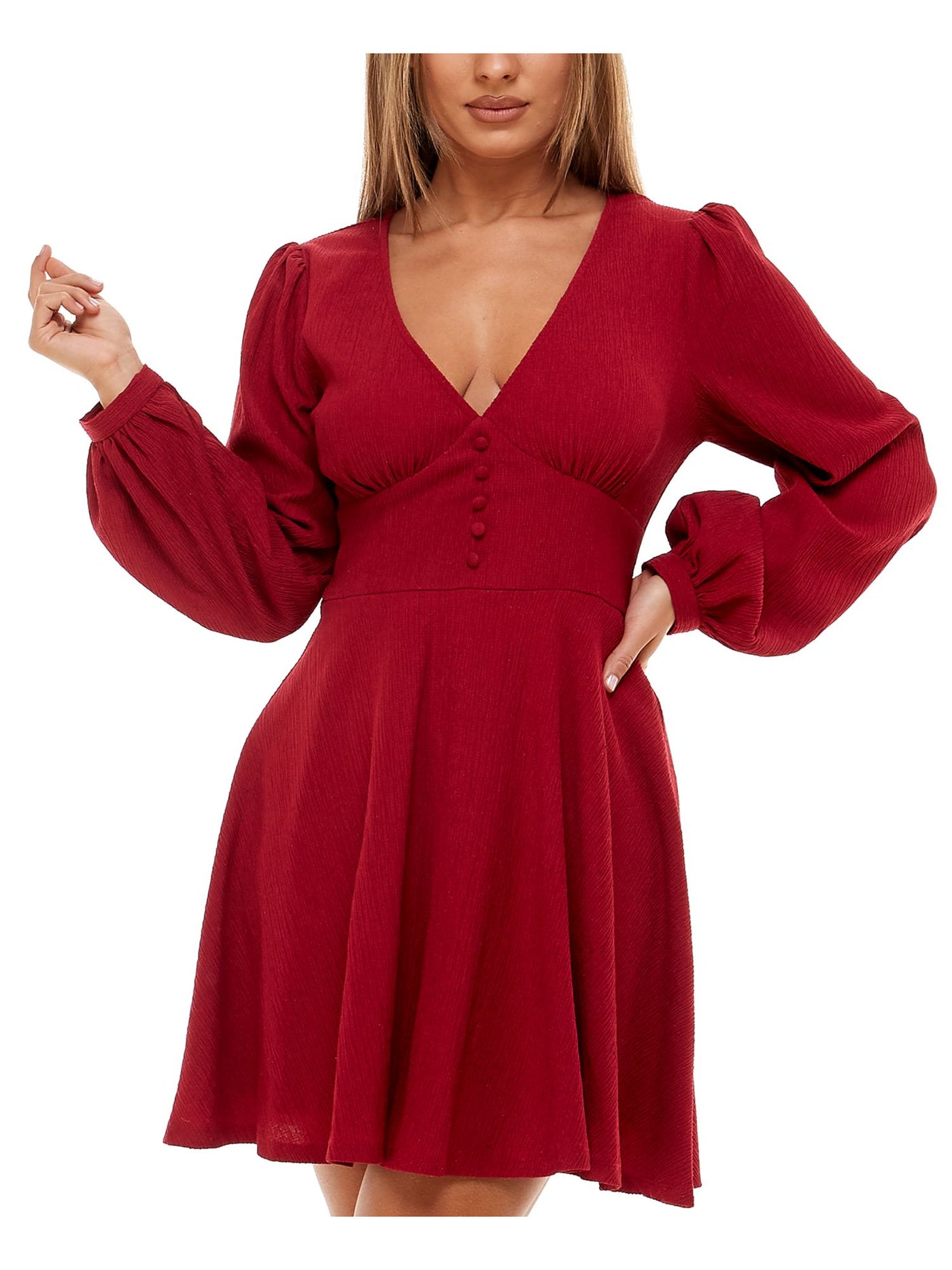B DARLIN Womens Burgundy Stretch Pleated Textured Button Lined Long Sleeve V Neck Mini Party Fit + Flare Dress Juniors 11\12
