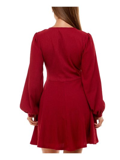 B DARLIN Womens Burgundy Stretch Pleated Textured Button Lined Long Sleeve V Neck Mini Party Fit + Flare Dress Juniors 11\12