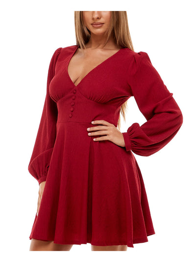 B DARLIN Womens Red Stretch Pleated Textured Button Lined Long Sleeve V Neck Mini Party Fit + Flare Dress Juniors 9\10