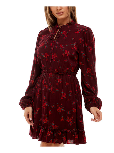 B DARLIN Womens Maroon Ruffled Split Neck With Tie Floral Long Sleeve Short Party Fit + Flare Dress Juniors 5\6