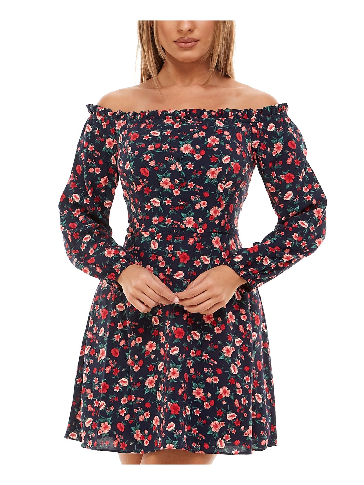 B DARLIN Womens Navy Zippered Floral Long Sleeve Off Shoulder Short Evening Fit + Flare Dress 0