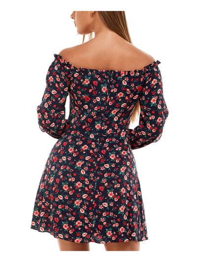 B DARLIN Womens Navy Zippered Floral Long Sleeve Off Shoulder Short Evening Fit + Flare Dress 1\2