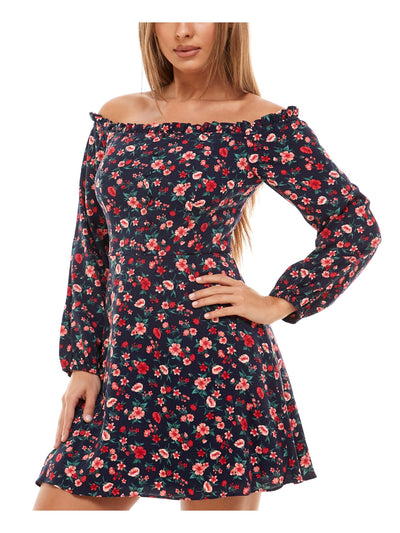 B DARLIN Womens Navy Zippered Floral Long Sleeve Off Shoulder Short Evening Fit + Flare Dress 3\4