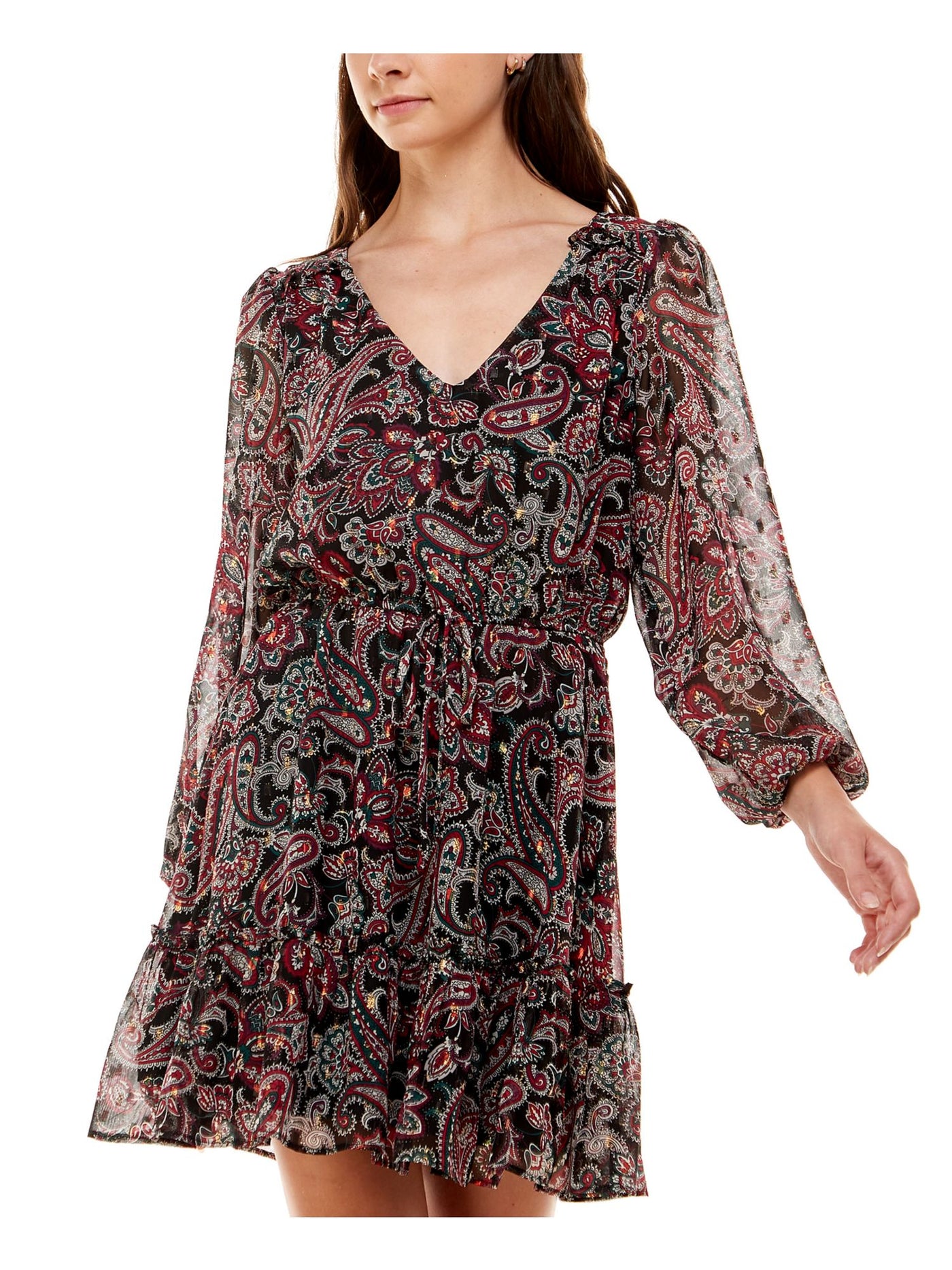 CRYSTAL DOLLS Womens Black Ruffled Tie Elastic Waist Tiered Lined Paisley 3/4 Sleeve V Neck Above The Knee Fit + Flare Dress S