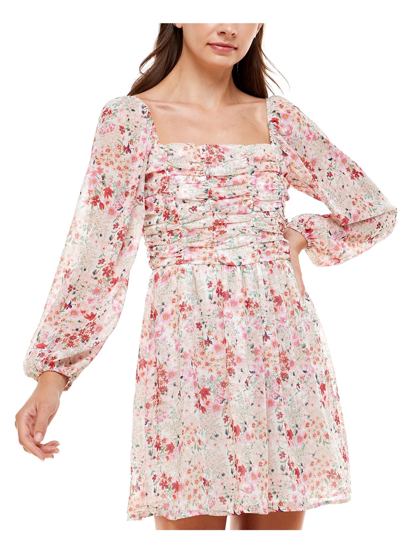 CRYSTAL DOLLS Womens White Stretch Zippered Smocked Ruched Bodice Chiffon Lined Floral Long Sleeve Square Neck Short Party Fit + Flare Dress S