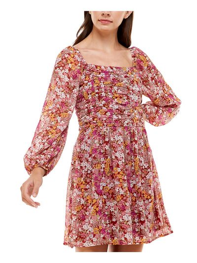CRYSTAL DOLLS Womens Brown Stretch Zippered Smocked Ruched Bodice Chiffon Lined Floral Long Sleeve Square Neck Short Party Fit + Flare Dress XS