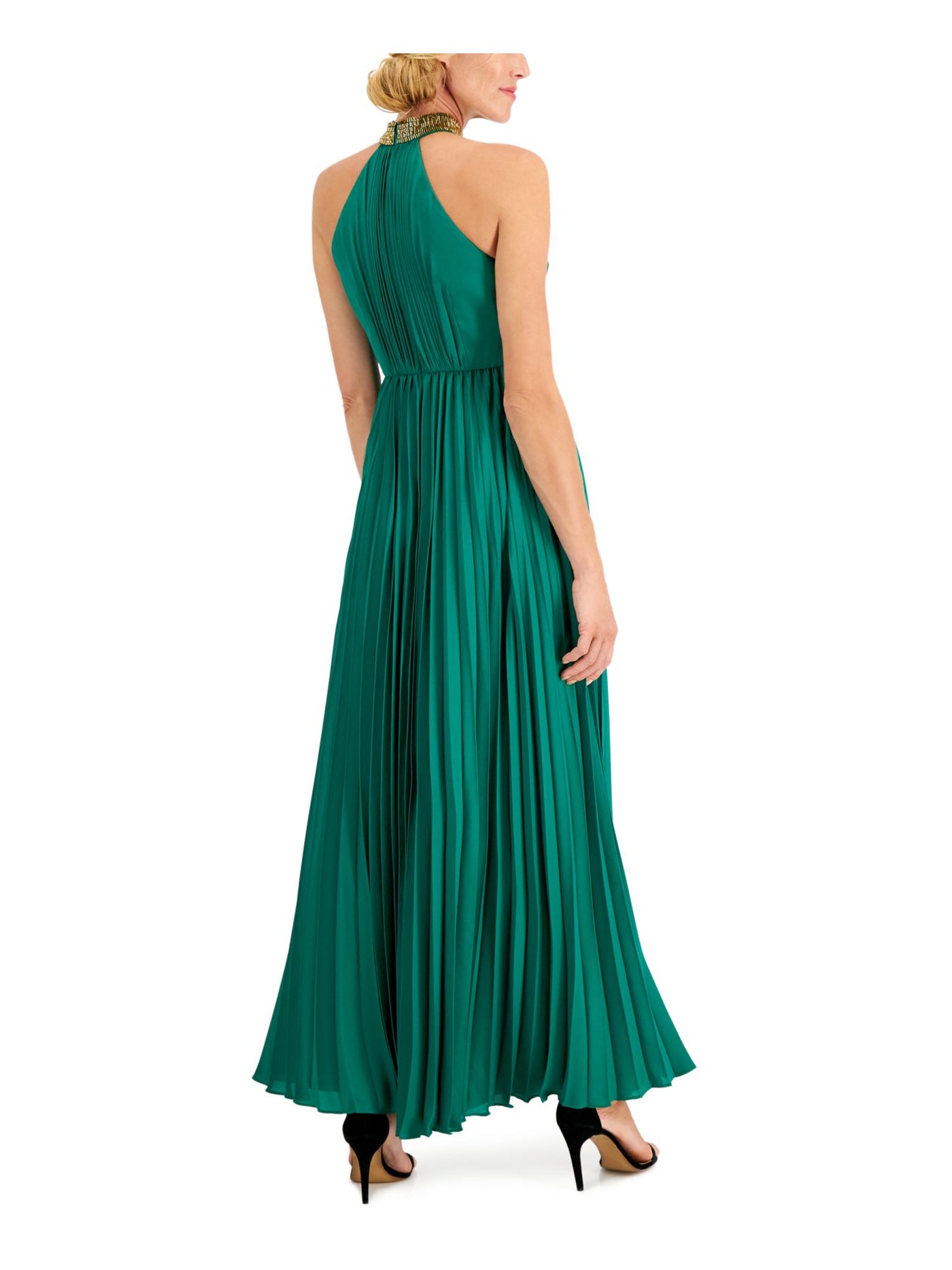 CALVIN KLEIN Womens Green Embellished Zippered Pleated Halter Mock Neck Chiffon Sleeveless Maxi Formal Gown Dress 10