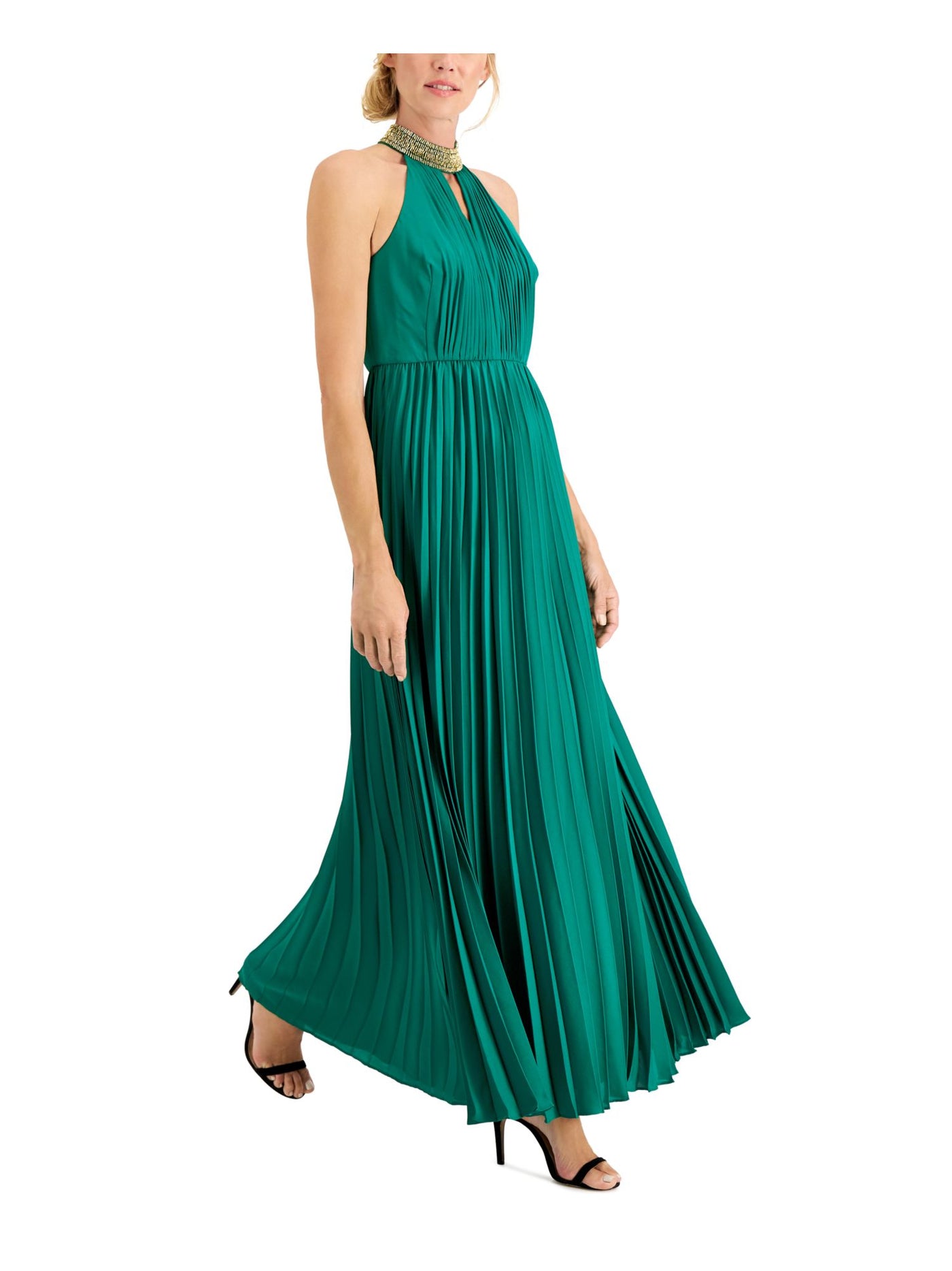 CALVIN KLEIN Womens Green Embellished Zippered Pleated Halter Mock Neck Chiffon Sleeveless Maxi Formal Gown Dress 10