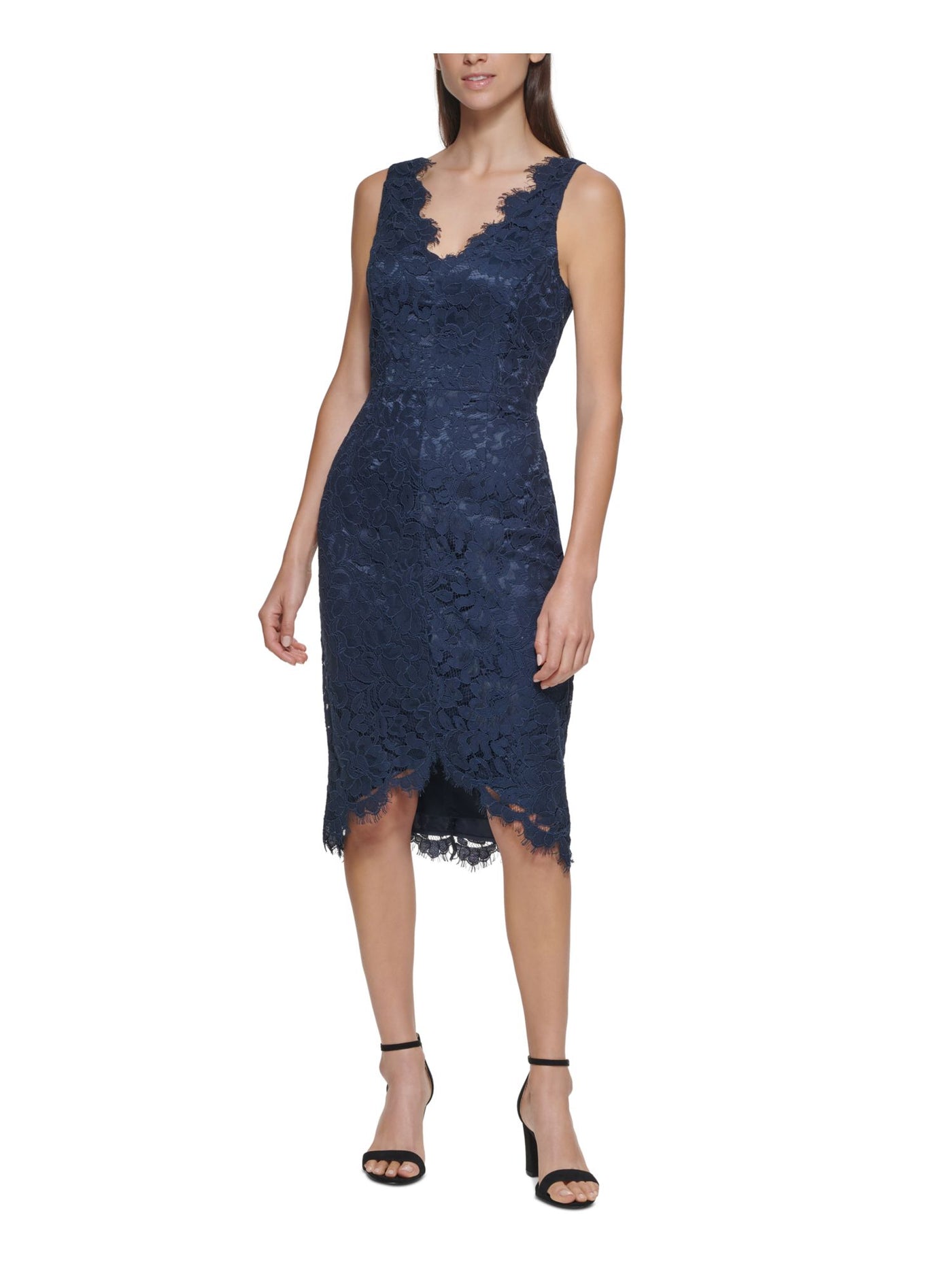 ELIZA J Womens Navy Lace Zippered Frayed Trim Lined Floral Sleeveless V Neck Below The Knee Formal Hi-Lo Dress 4