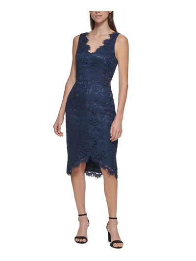 ELIZA J Womens Navy Lace Zippered Frayed Trim Lined Floral Sleeveless V Neck Below The Knee Formal Hi-Lo Dress 4