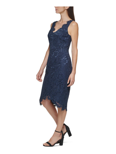 ELIZA J Womens Navy Lace Zippered Frayed Trim Lined Floral Sleeveless V Neck Below The Knee Formal Hi-Lo Dress 4
