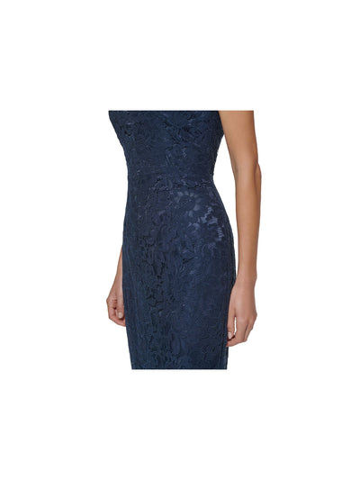 ELIZA J Womens Navy Lace Zippered Frayed Trim Lined Floral Sleeveless V Neck Below The Knee Formal Hi-Lo Dress 2