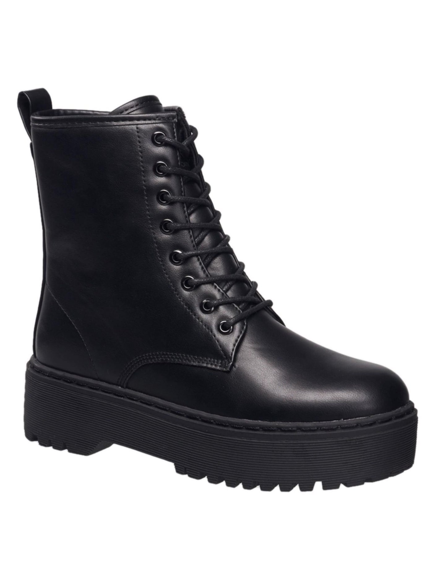 C AND C CALIFORNIA Womens Black 1-1/2" Platform Lace-Up Back Pull-Tab Lug Sole Lucie Round Toe Block Heel Zip-Up Combat Boots 9