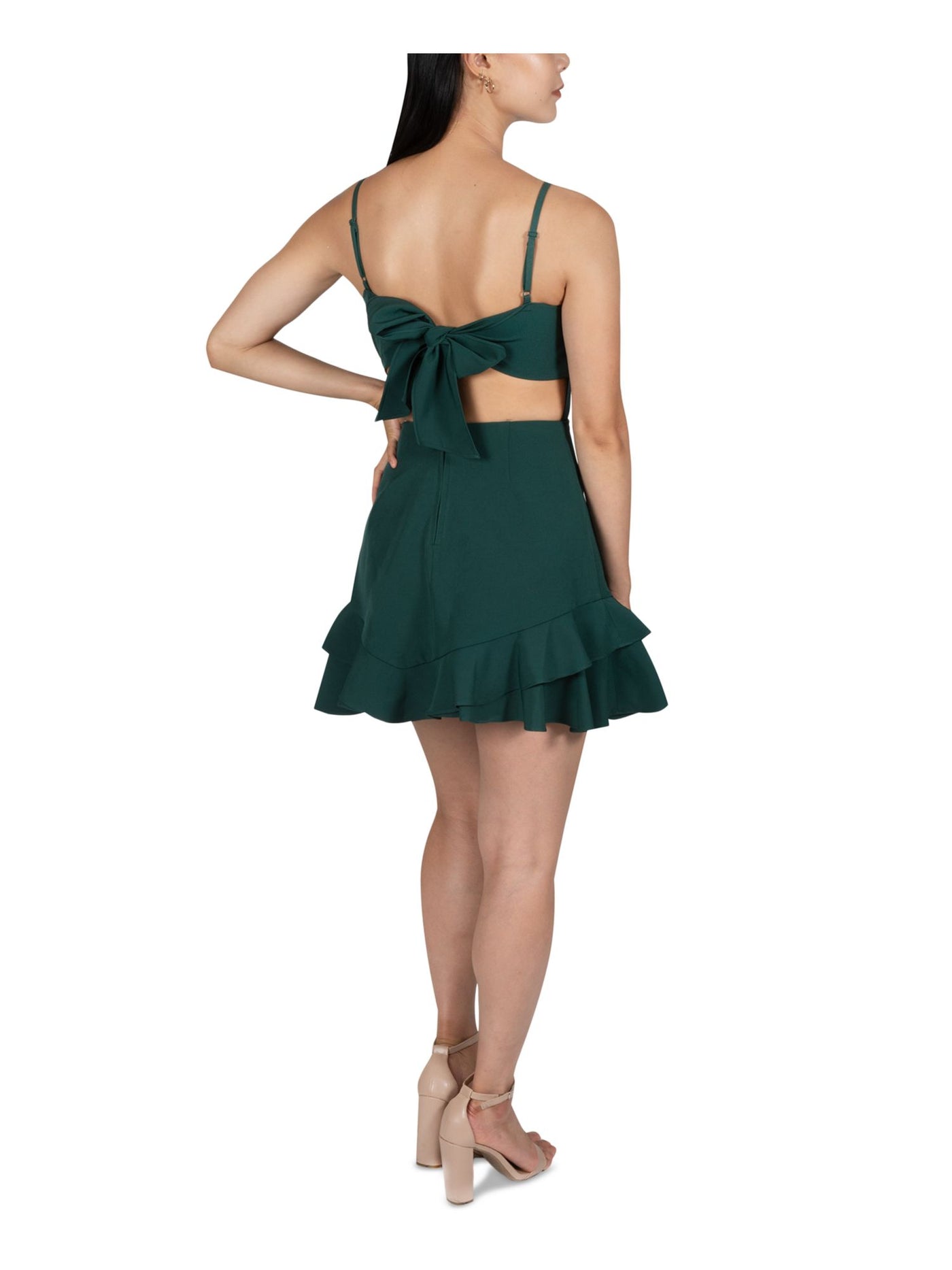 DEAR MOON Womens Green Cut Out Zippered Bow Back Adjustable Straps Spaghetti Strap Square Neck Mini Party Fit + Flare Dress Juniors 1