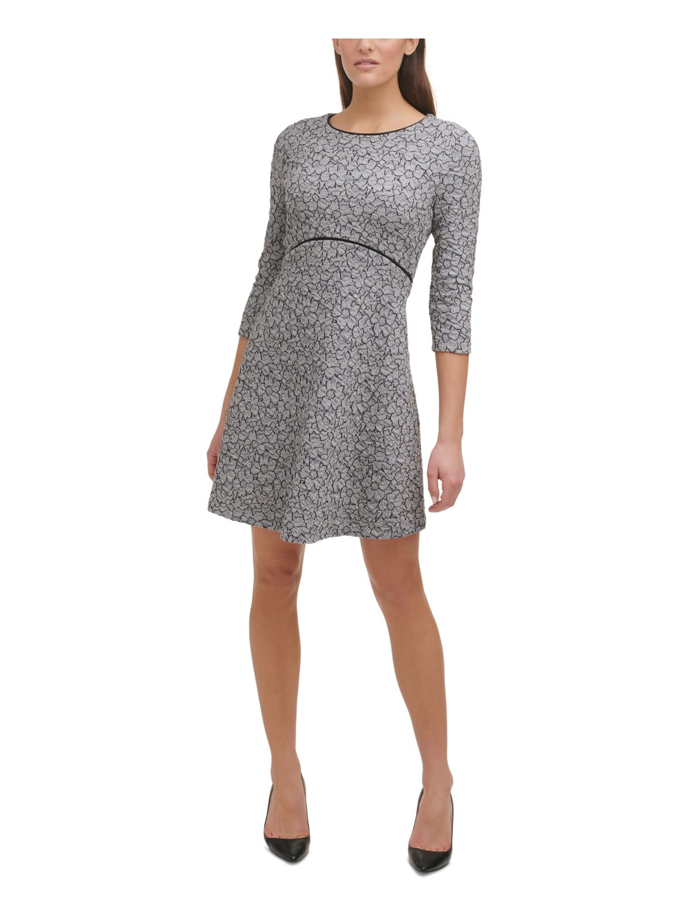 TOMMY HILFIGER Womens Gray 3/4 Sleeve Round Neck Above The Knee Fit + Flare Dress Petites 10P