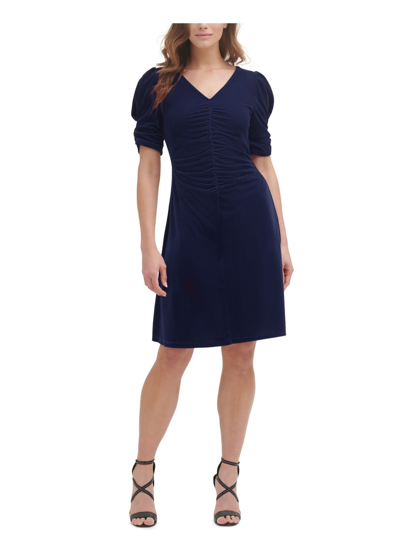 DKNY Womens Blue Ruched Zippered Velvet Textured Pouf Sleeve V Neck Knee Length Party Sheath Dress 6