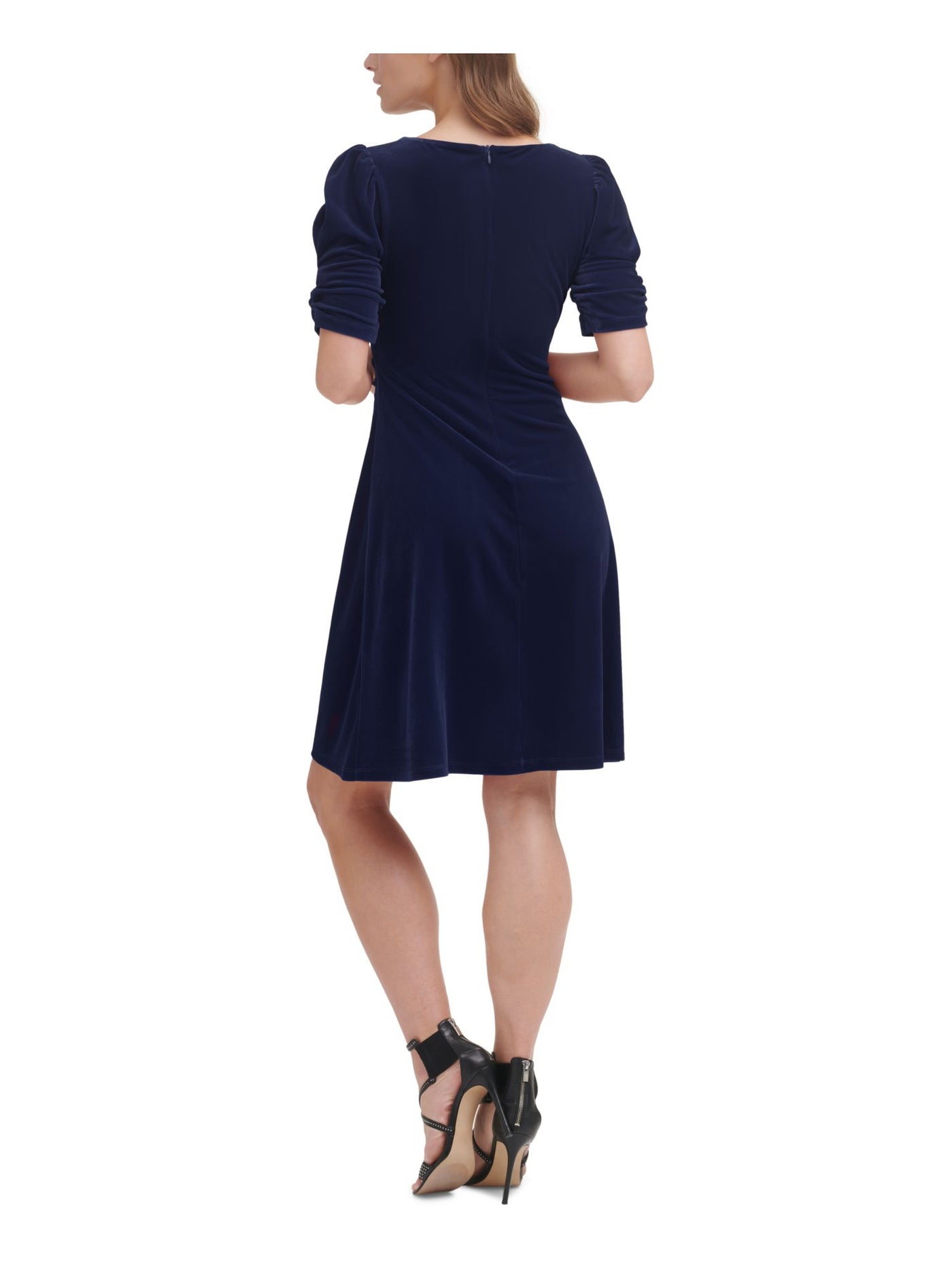 DKNY Womens Navy Ruched Zippered Velvet Textured Pouf Sleeve V Neck Knee Length Cocktail Sheath Dress 2