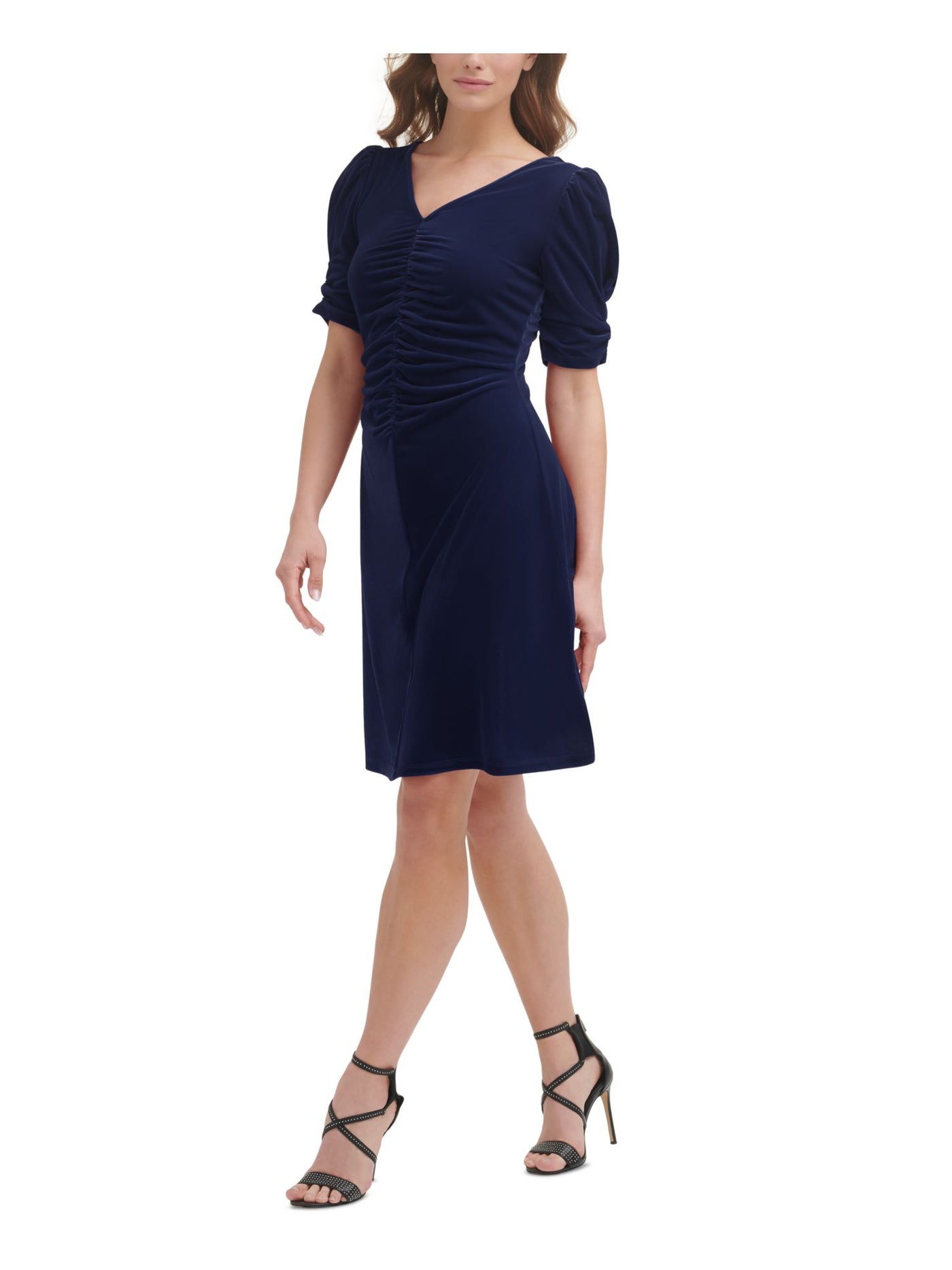 DKNY Womens Navy Ruched Zippered Velvet Textured Pouf Sleeve V Neck Knee Length Cocktail Sheath Dress 2