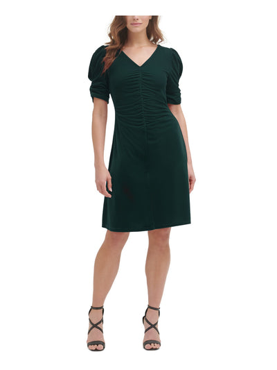 DKNY Womens Green Ruched Zippered Velvet Textured Pouf Sleeve V Neck Knee Length Party Sheath Dress 2