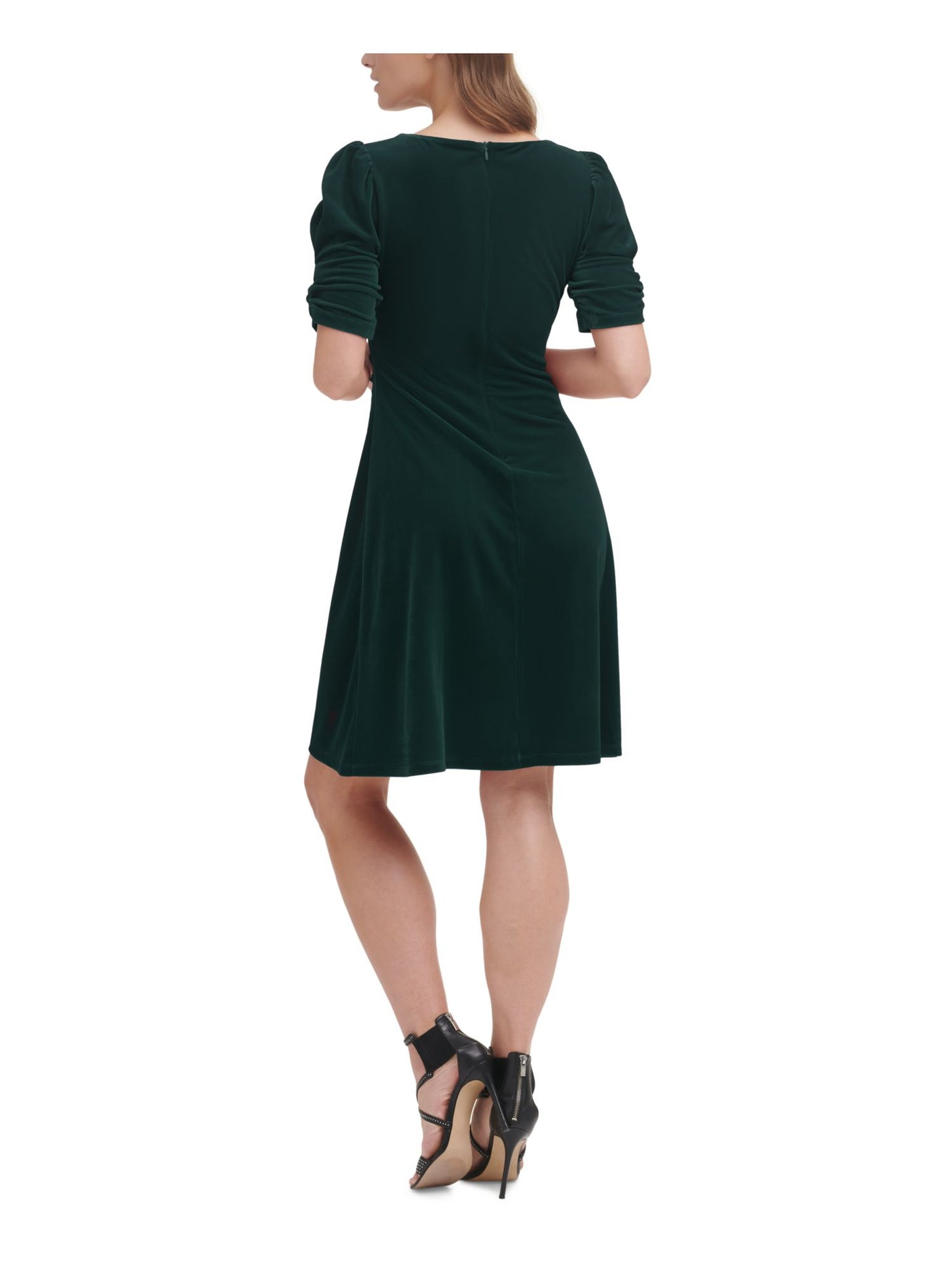 DKNY Womens Green Ruched Zippered Velvet Textured Pouf Sleeve V Neck Knee Length Party Sheath Dress 12