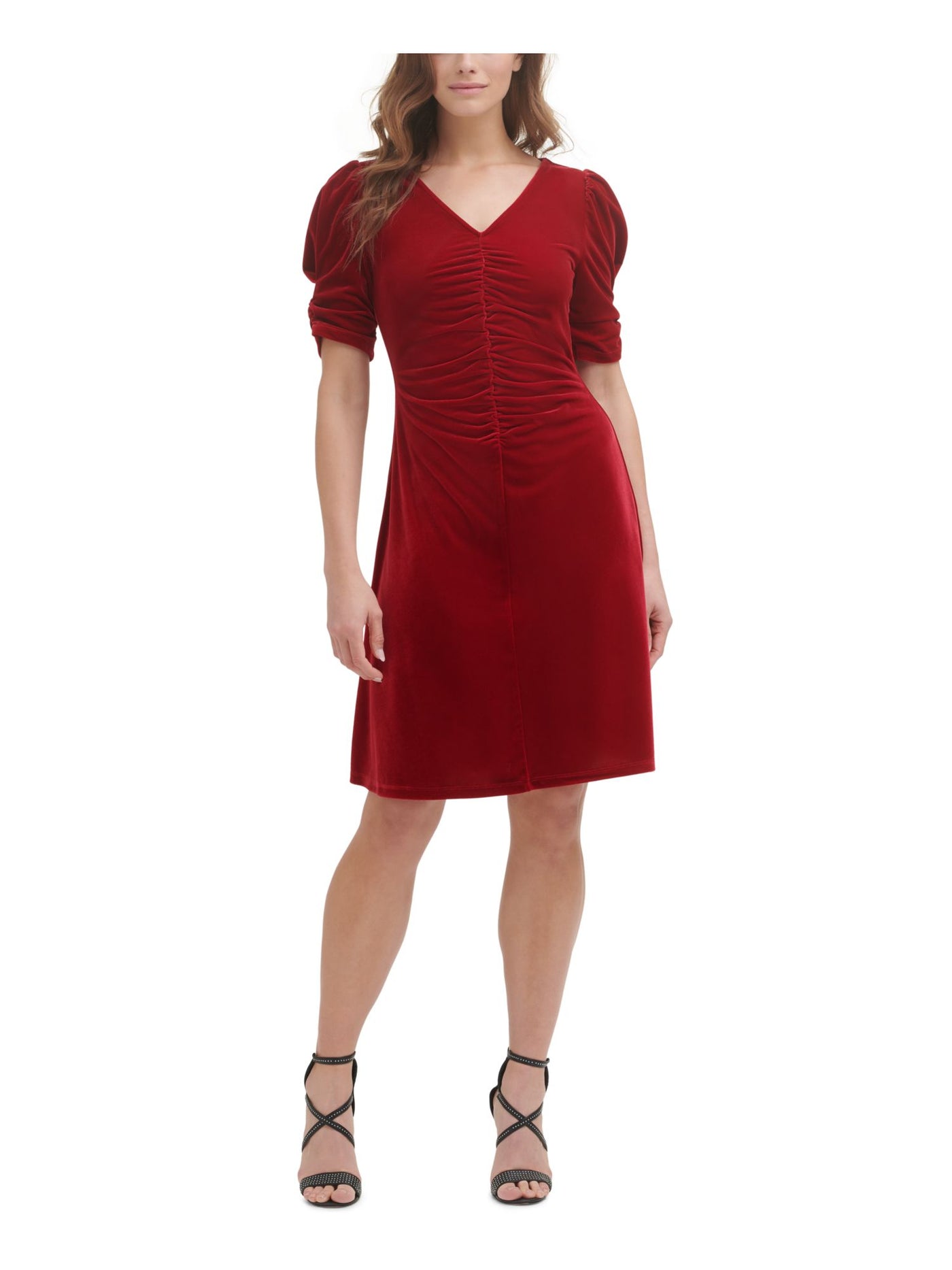 DKNY Womens Red Ruched Zippered Velvet Textured Pouf Sleeve V Neck Knee Length Party Sheath Dress 8