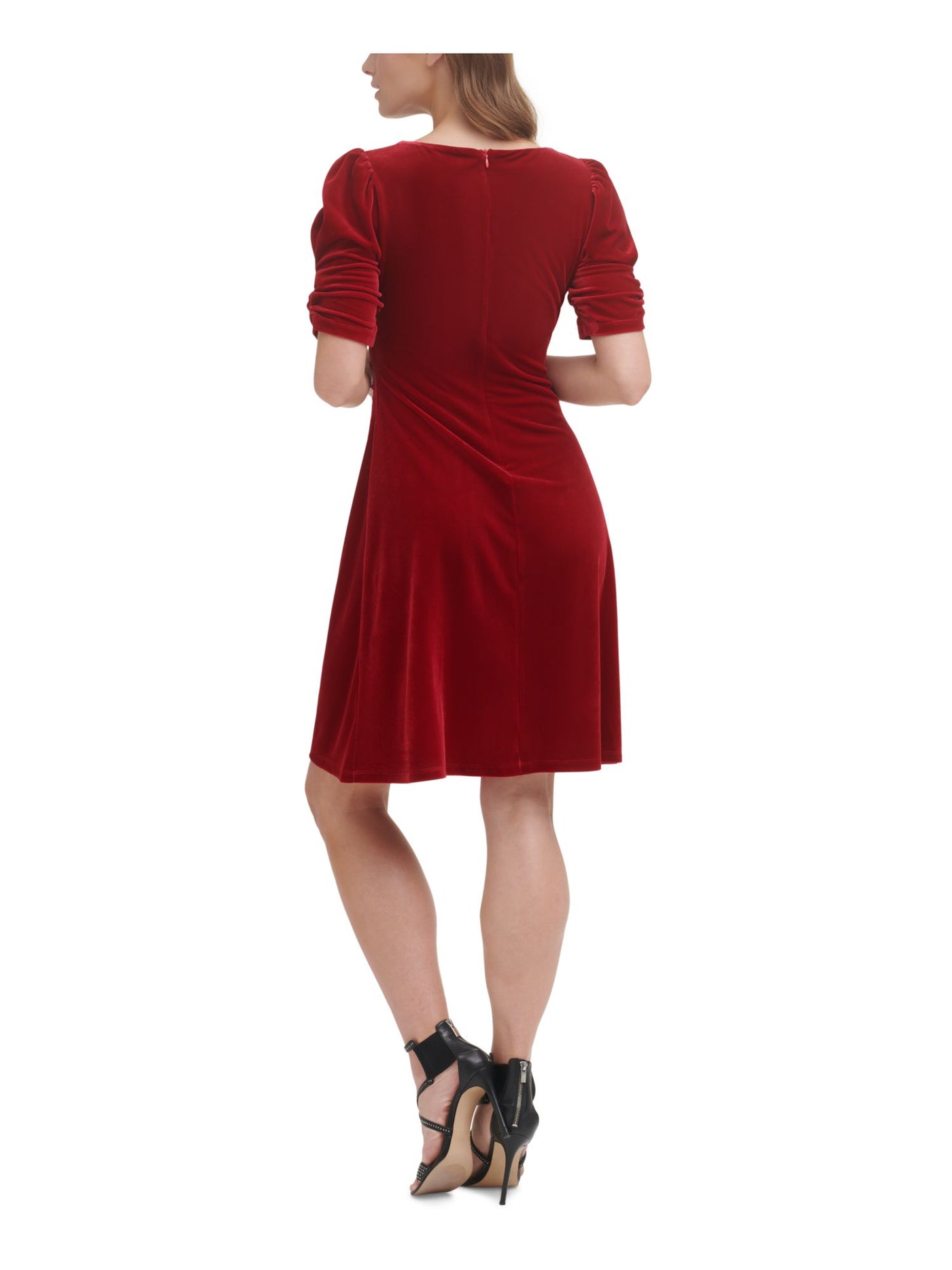 DKNY Womens Red Ruched Zippered Velvet Textured Pouf Sleeve V Neck Knee Length Party Sheath Dress 10