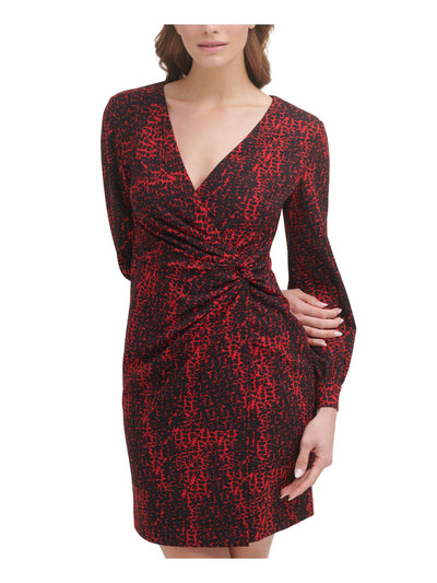 DKNY Womens Red Zippered Twist Front Printed Long Sleeve Surplice Neckline Above The Knee Party Faux Wrap Dress 16