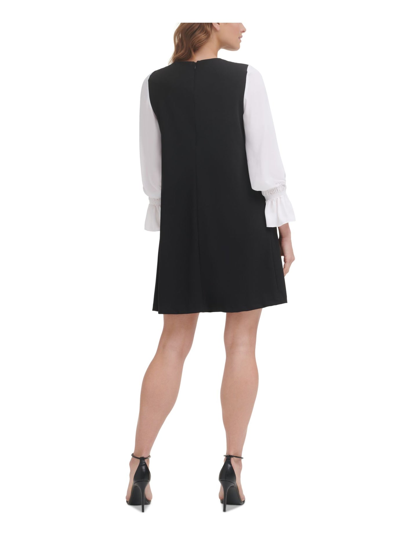 DKNY Womens Black Stretch Zippered Twisted Crewneck Elastic Cuff Color Block Blouson Sleeve Short Wear To Work Shift Dress 8