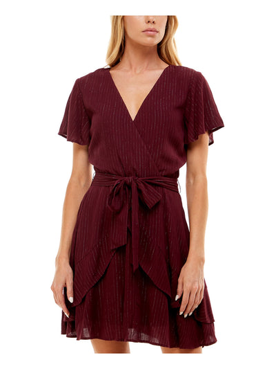 SPEECHLESS Womens Burgundy Zippered Ruffled Tie-belt Layered Keyhole Flutter Sleeve Surplice Neckline Mini Cocktail Fit + Flare Dress 13