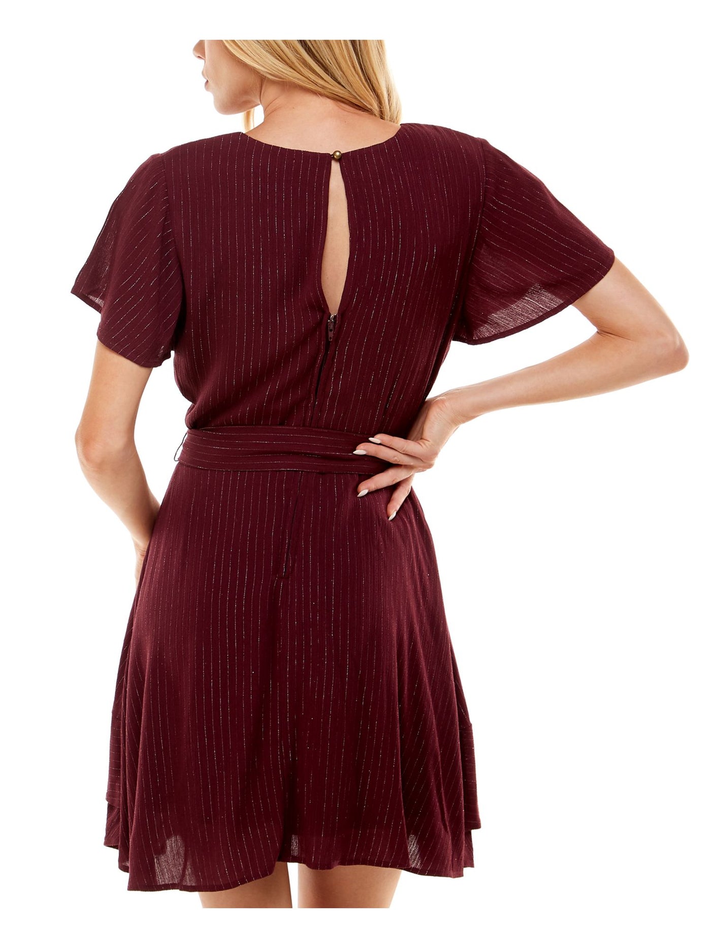 SPEECHLESS Womens Burgundy Zippered Ruffled Tie-belt Layered Keyhole Flutter Sleeve Surplice Neckline Mini Cocktail Fit + Flare Dress 3