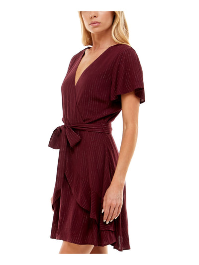 SPEECHLESS Womens Burgundy Zippered Ruffled Tie-belt Layered Keyhole Flutter Sleeve Surplice Neckline Mini Cocktail Fit + Flare Dress 7