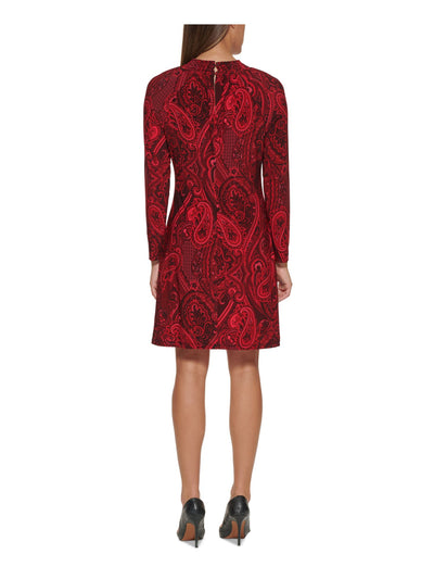 TOMMY HILFIGER Womens Red Smocked Unlined Keyhole Closure Paisley Long Sleeve Mock Neck Above The Knee Cocktail Sheath Dress 10