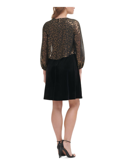 DKNY Womens Zippered Leopard Print Popover And Sleeve Jewel Neck Above The Knee Wear To Work Fit + Flare Dress