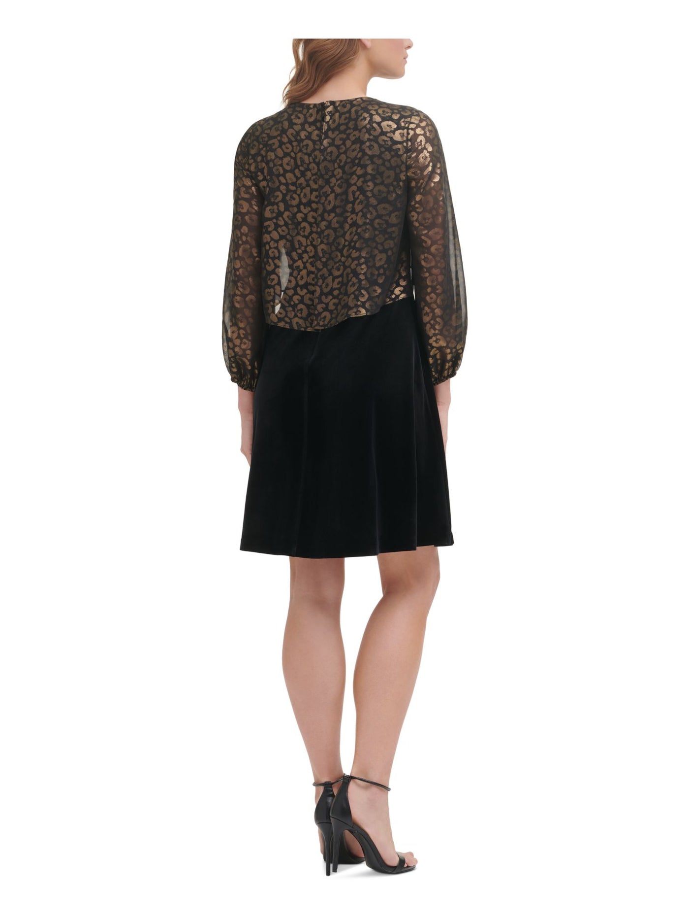 DKNY Womens Black Zippered Leopard Print Popover And Sleeve Jewel Neck Above The Knee Wear To Work Fit + Flare Dress 16
