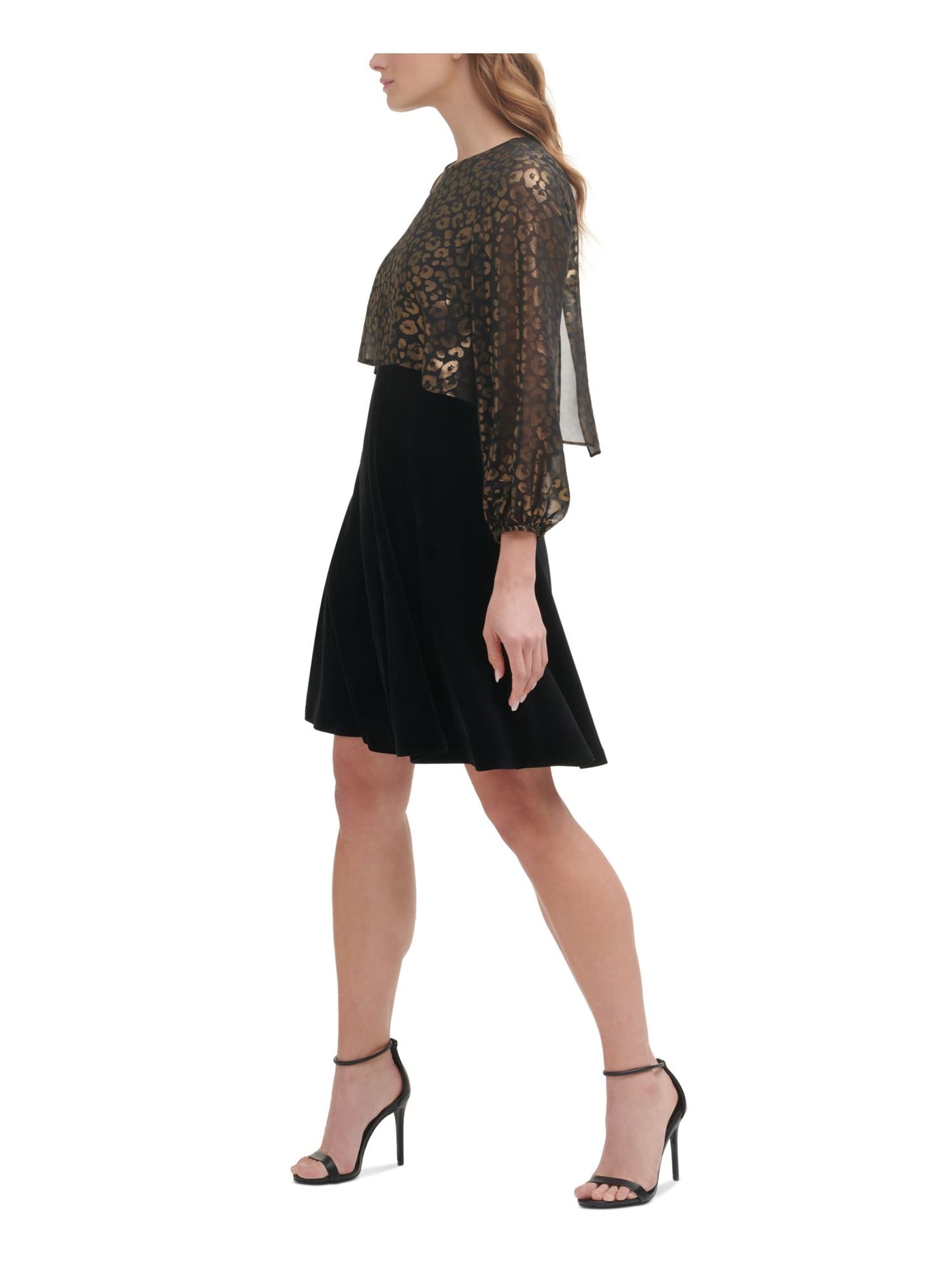 DKNY Womens Zippered Leopard Print Popover And Sleeve Jewel Neck Above The Knee Wear To Work Fit + Flare Dress