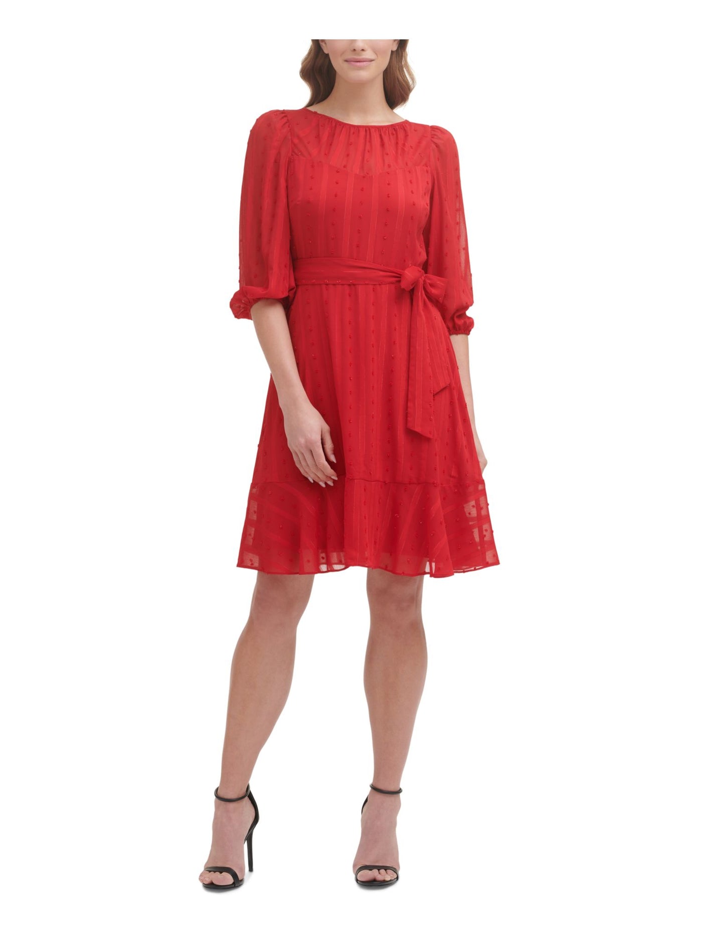 DKNY Womens Red Gathered Zippered Tie Sash Ruffled Hem Striped Pouf Sleeve Jewel Neck Above The Knee Wear To Work Fit + Flare Dress 2