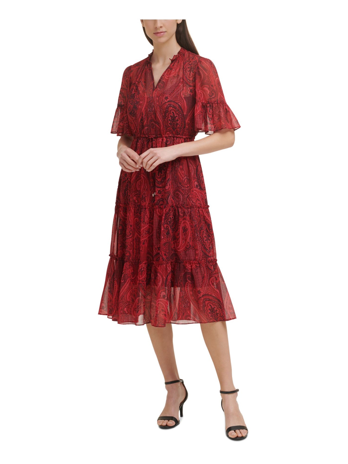 TOMMY HILFIGER Womens Red Ruffled Metallic Sheer Lined Tie Drawstring Waist Paisley Elbow Sleeve Split Midi Evening Fit + Flare Dress 2