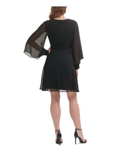 DKNY Womens Black Zippered Tie Sheer Lined Cuffed Sleeve Surplice Neckline Short Cocktail Faux Wrap Dress 16
