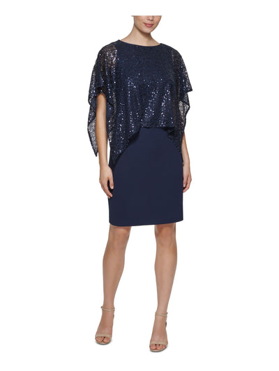 JESSICA HOWARD Womens Navy Sequined Zippered Sheer Draped Overlay Scuba Crepe Short Sleeve Boat Neck Above The Knee Evening Sheath Dress 6