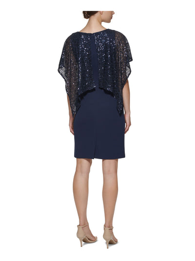 JESSICA HOWARD Womens Navy Sequined Zippered Sheer Draped Overlay Scuba Crepe Short Sleeve Boat Neck Above The Knee Evening Sheath Dress 6