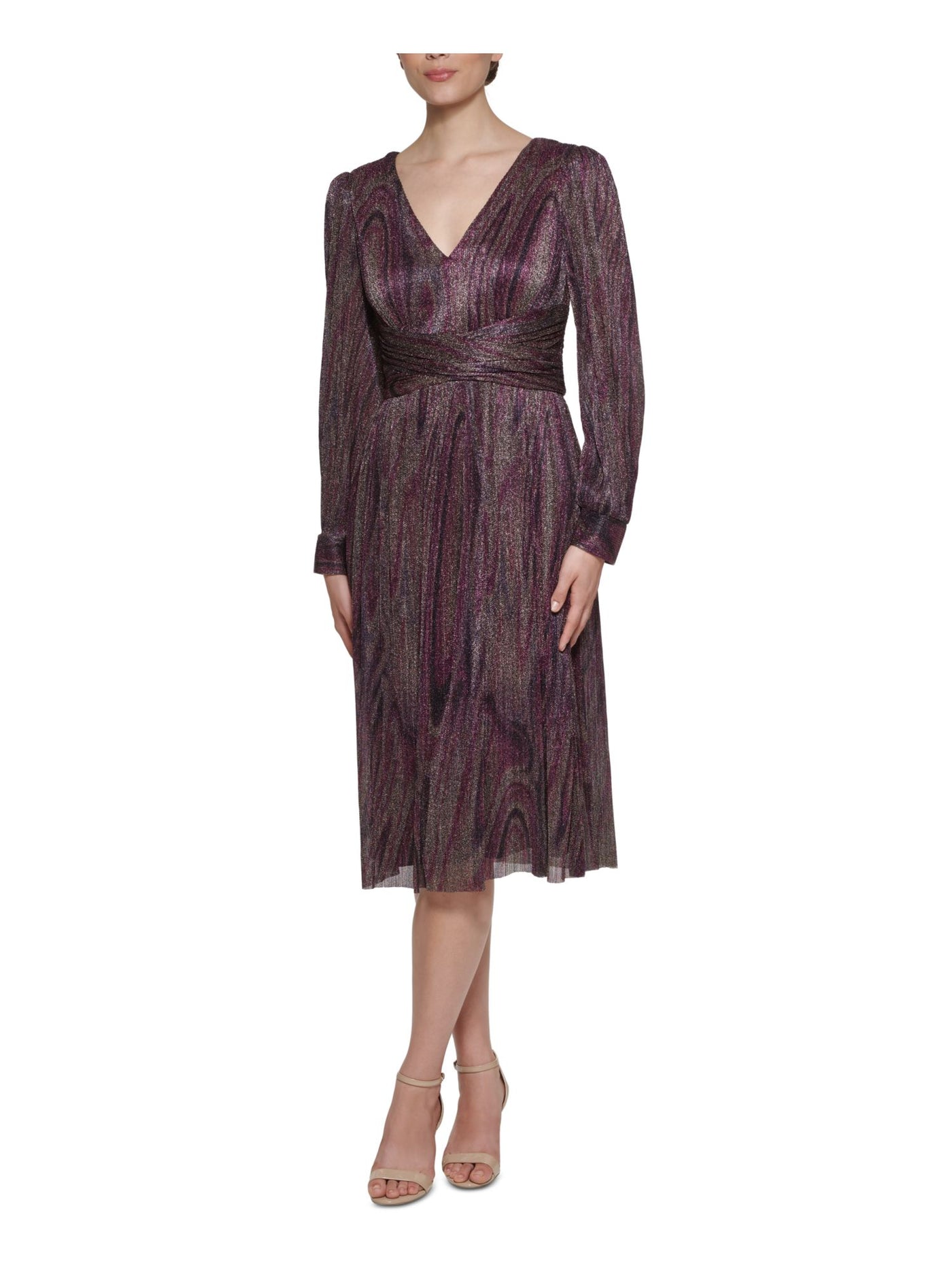 JESSICA HOWARD Womens Purple Metallic Zippered Ruched Lined Long Sleeve V Neck Below The Knee Evening Shift Dress 16