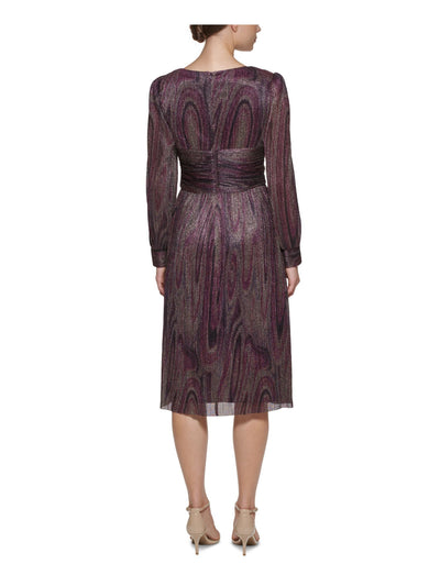 JESSICA HOWARD Womens Purple Metallic Zippered Ruched Lined Long Sleeve V Neck Below The Knee Evening Shift Dress 16