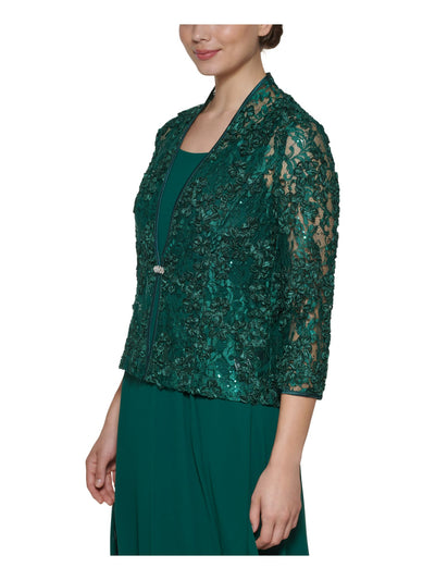 JESSICA HOWARD Womens Green Lace Sheer Embellished Hook And Eye Closure Floral 3/4 Sleeve Open Front Wear To Work Cardigan Petites 14P