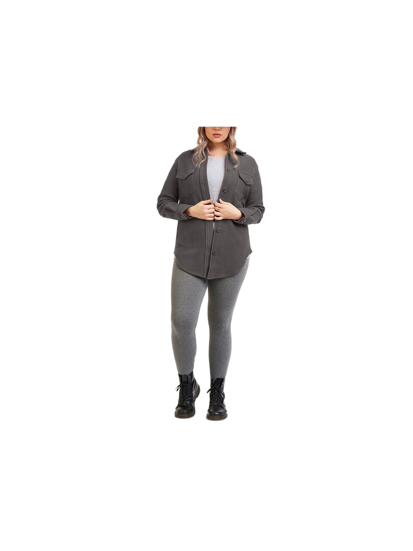 DEX Womens Gray Stretch Pocketed Textured Heather Cuffed Sleeve Collared Button Down Jacket Plus X